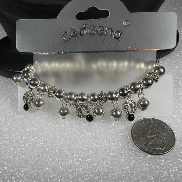 Silver Tone Black Sparkly Beaded Stretch Bracelet Deadstock New on Card Retro - Picture 11 of 13